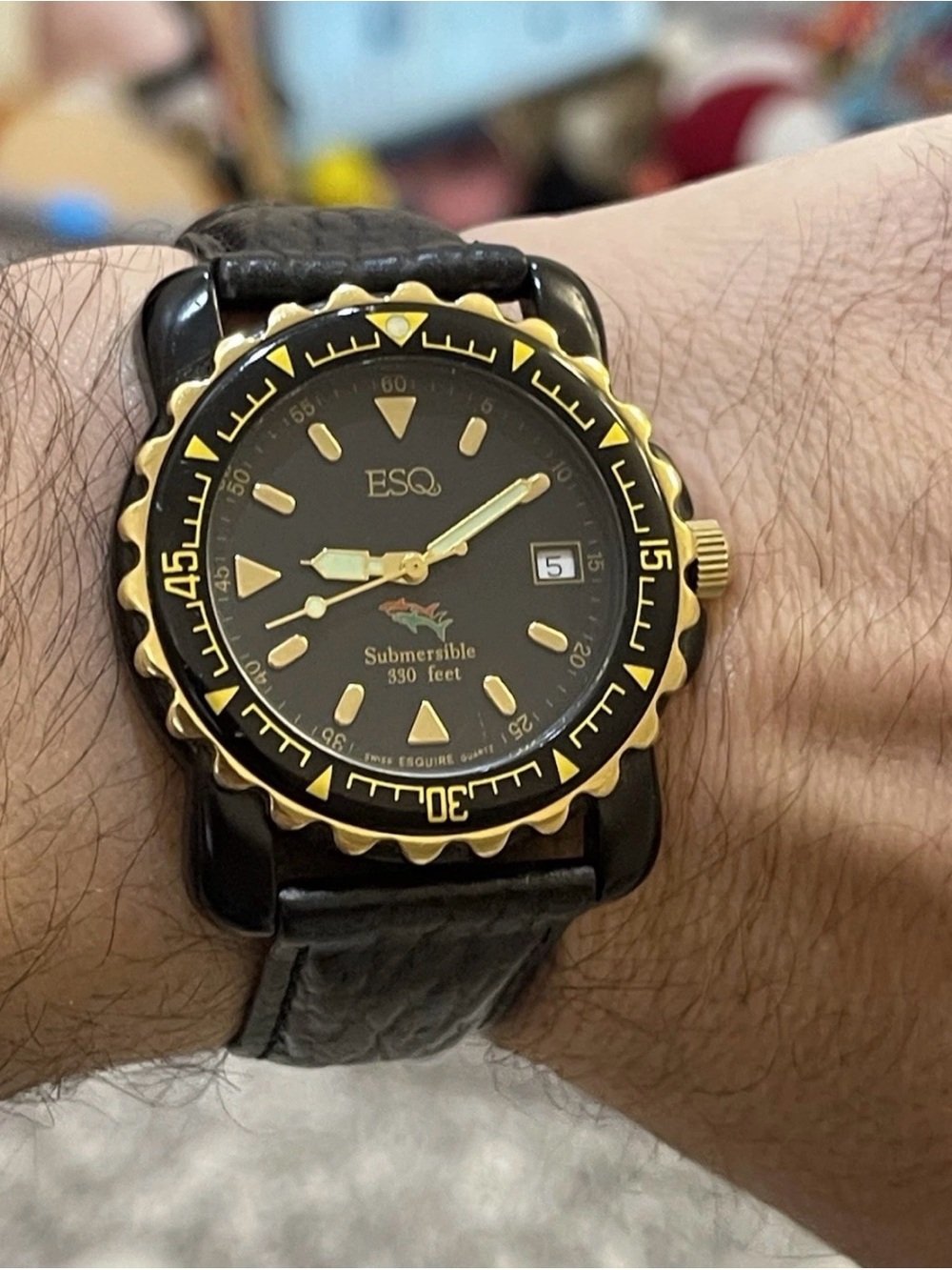 ESQ Movado Submersible Black Dial Gold Tone 330ft Diver 40mm Men’s Quartz